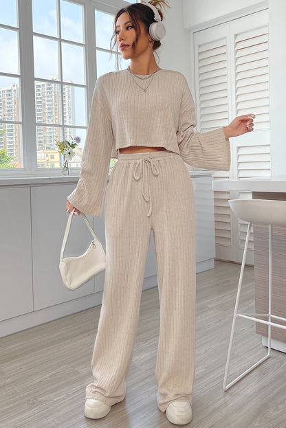 Khaki Ribbed Long Sleeve Crop Top & Drawstring Pants Set