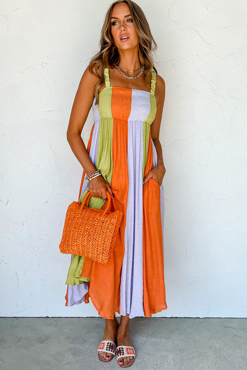 Green Color Block Shirred High Waist Fit and Flare Maxi Dress