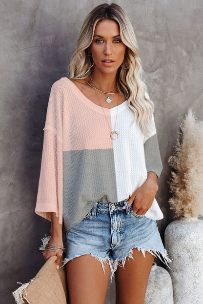 Multicolor Waffle Colorblock Drop Sleeve Oversized Top