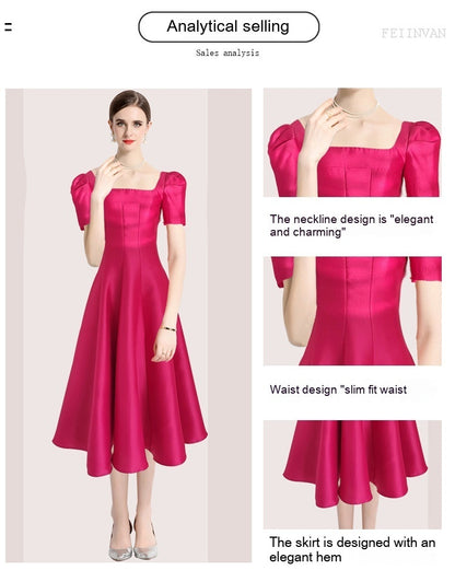 Women's Solid Color Pleated Waist Tight Slim Fit Solid Color Square Collar Dress