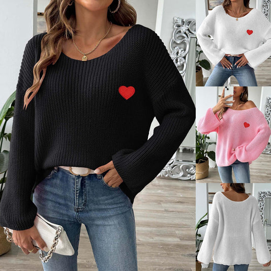 Women's Pullover Off-neck Flared Sleeve Love Embroidered Sweater