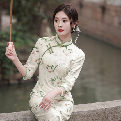 Suzhou – Cheongsam élégant en daim de haute qualité, manches trois-quarts, rétro, Style républicain chinois