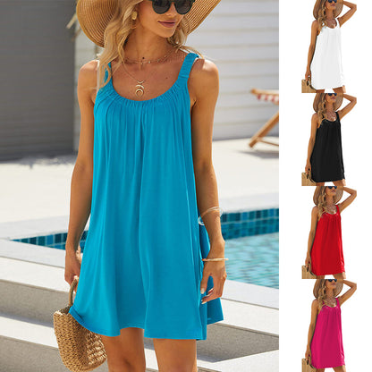 Robe de plage ample de couleur unie, décontractée, à bretelles, pour vacances, vêtements d'été à col rond pour femmes