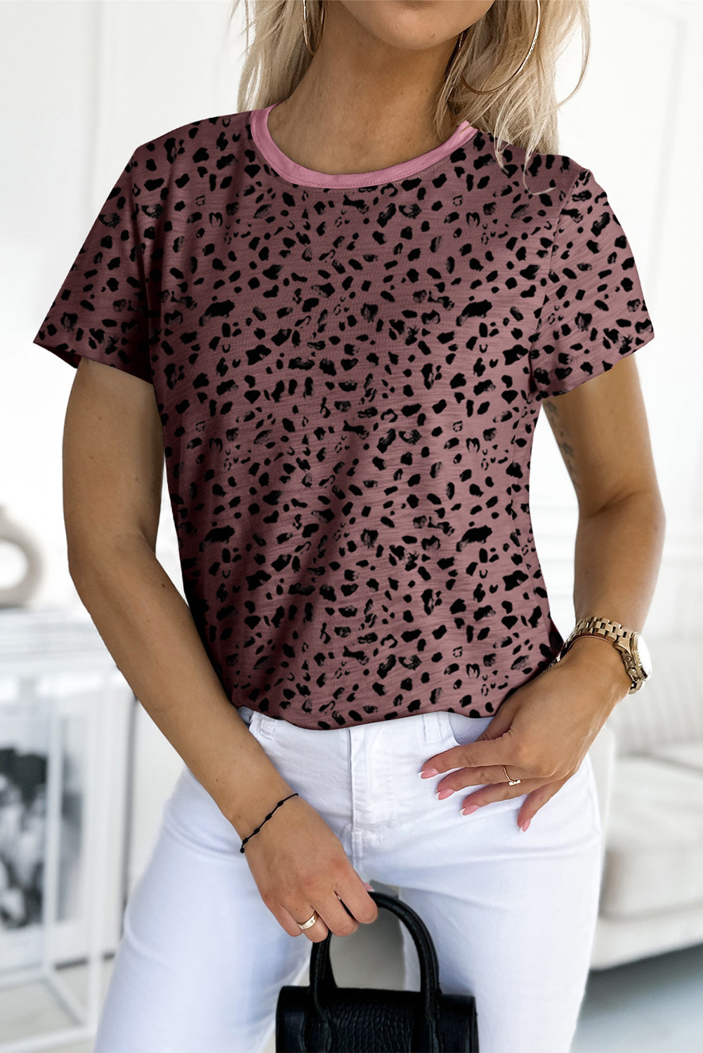 Apricot Cheetah Print O-neck Short Sleeve T Shirt