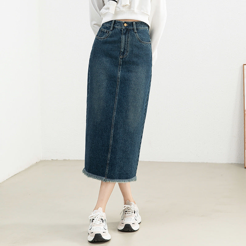 Women's Retro High Waist Raw Hem Denim Skirt