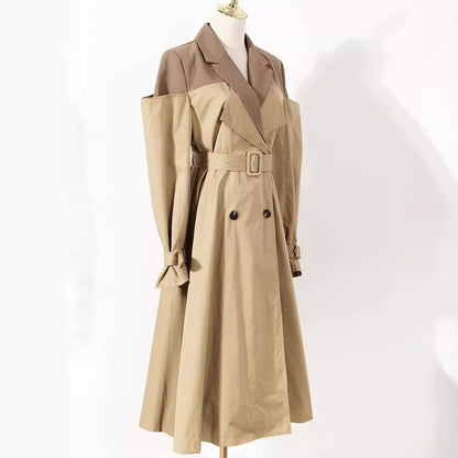 Noeud bicolore faux deux pièces costume col Trench Coat robe féminine