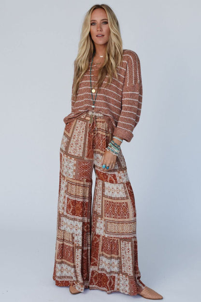 Brown Boho Geometric Print Patchwork Tiered Wide Leg Pants