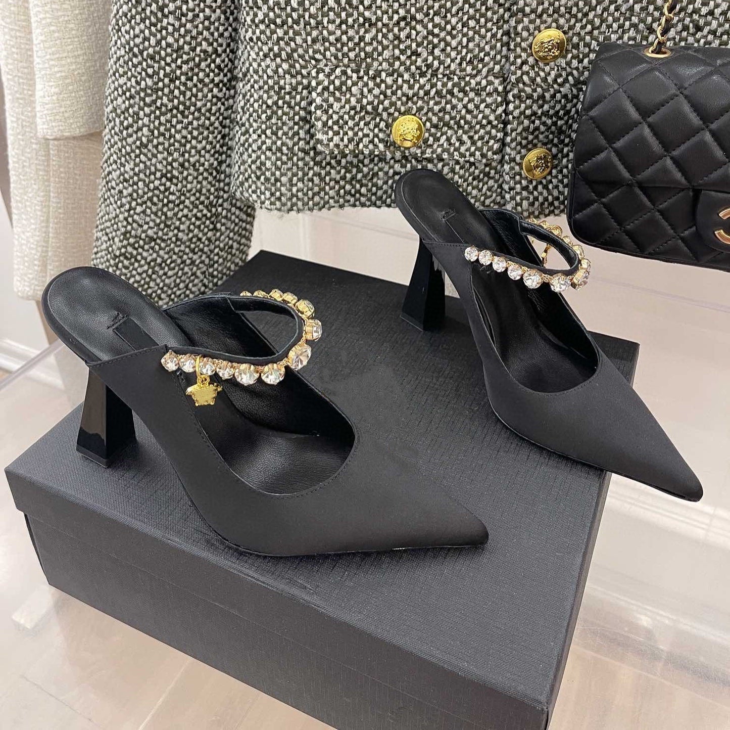 Silk Rhinestone Pointed Slippers Female