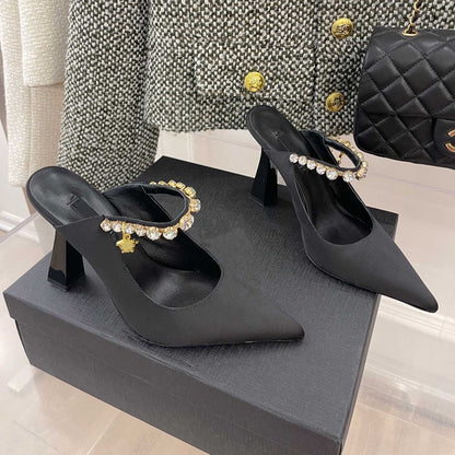 Silk Rhinestone Pointed Slippers Female