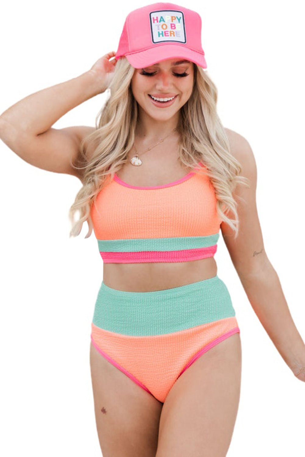 Beau Blue Color Block Textured High Waist Sexy Bikini Set