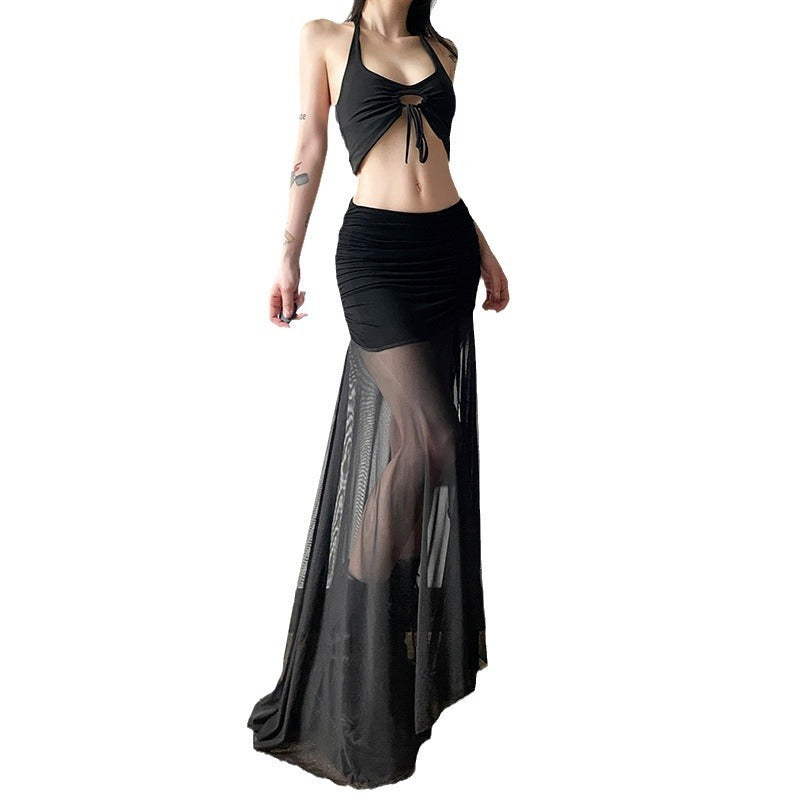 Vestido Largo Plisado Con Abertura Transparente De Malla Negra De Moda