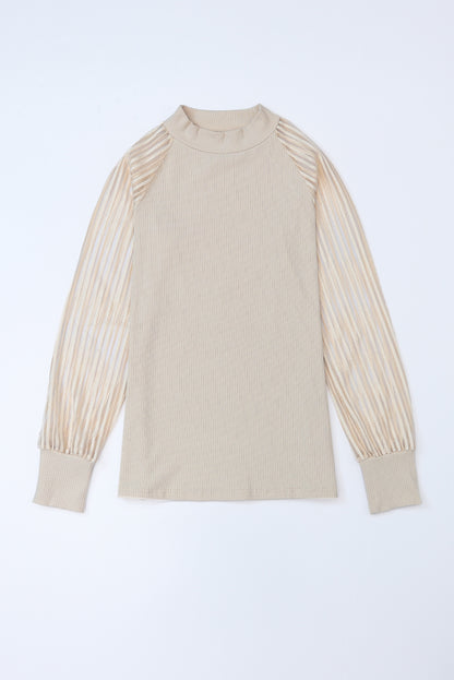 Apricot Ribbed Solid Color Striped Mesh Long Sleeve Top