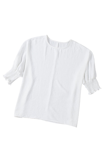 White Plain & Casual Shirred Cuffs Half Sleeve Top