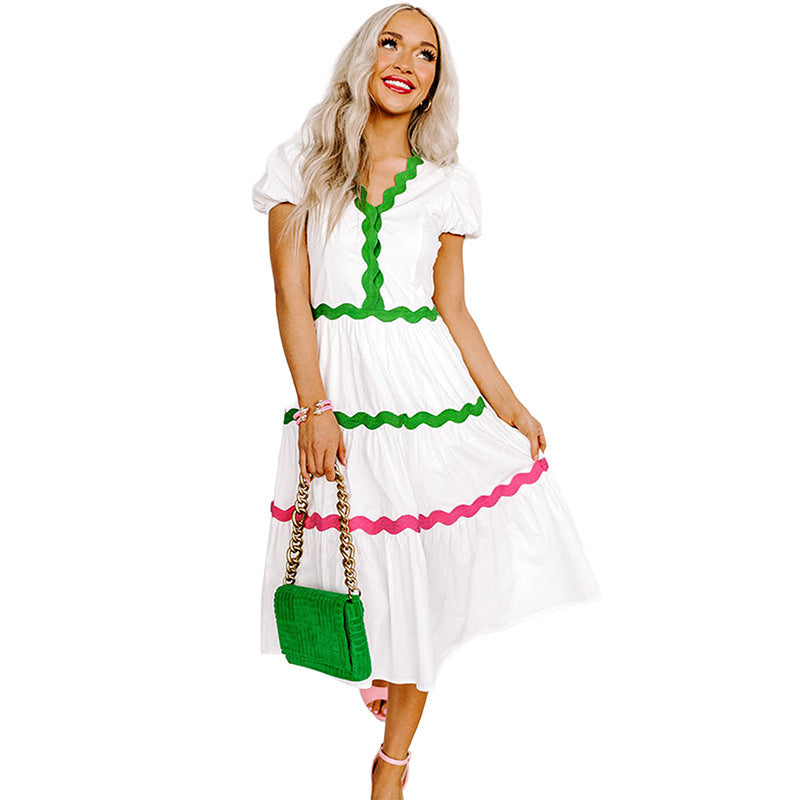 European And American Leisure Loose V-neck Short Sleeve Dress