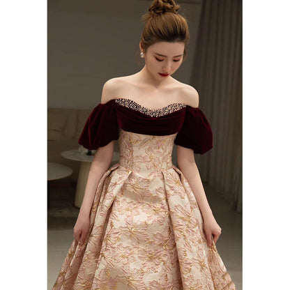 Robe de soirée de banquet de piste de mode rouge d'été à épaules dénudées de fiançailles françaises