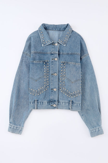 Veste en jean à poches cloutées et rivets bleu ciel