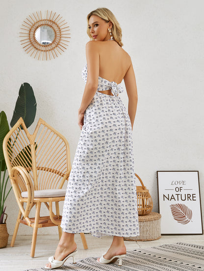 Vestido largo bohemio con cuello halter: vestido playero holgado sin mangas de verano para mujer