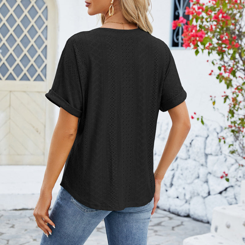 Col en v ourlet roulé haut à manches courtes mode d'été bouton conception creuse t-shirt style décontracté ample vêtements pour femmes