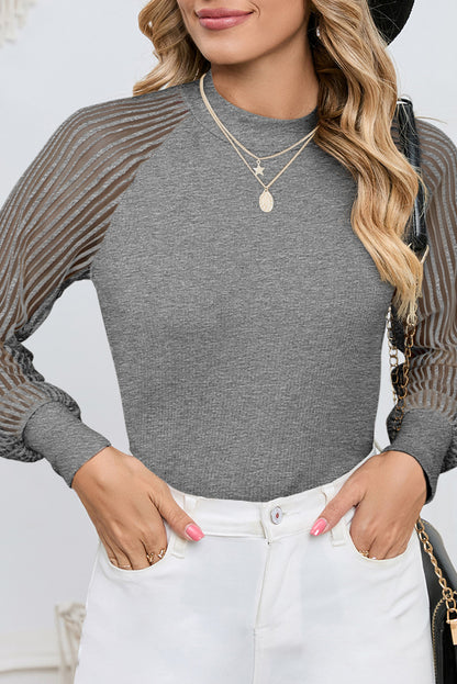 Apricot Ribbed Solid Color Striped Mesh Long Sleeve Top