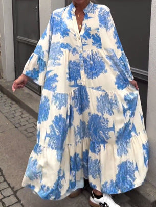 Robe ample à manches longues et à fleurs pour femme