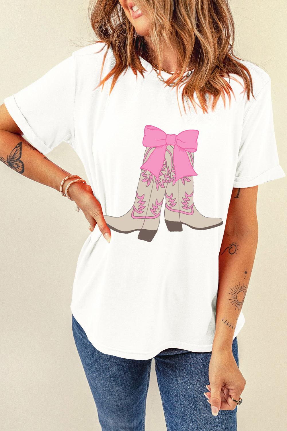 White Casual Boots Bow Graphic Round Neck T Shirt