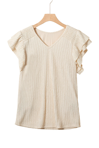 Apricot Crinkle Textured V Neck Flutter Sleeve Top