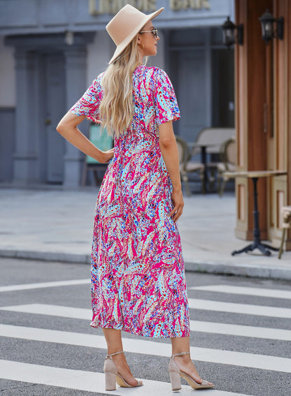 Robe portefeuille longue à manches courtes et col en V, imprimé abstrait Boho Rose, vente en gros