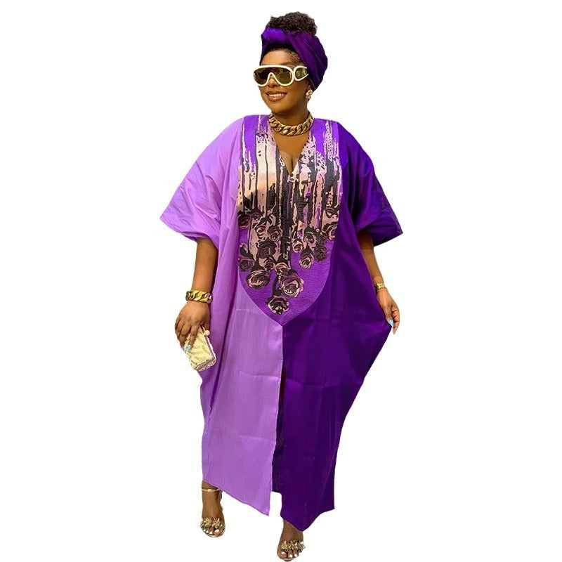 African Ethnic Style Loose Headscarf Plus Size Color-matching Dress