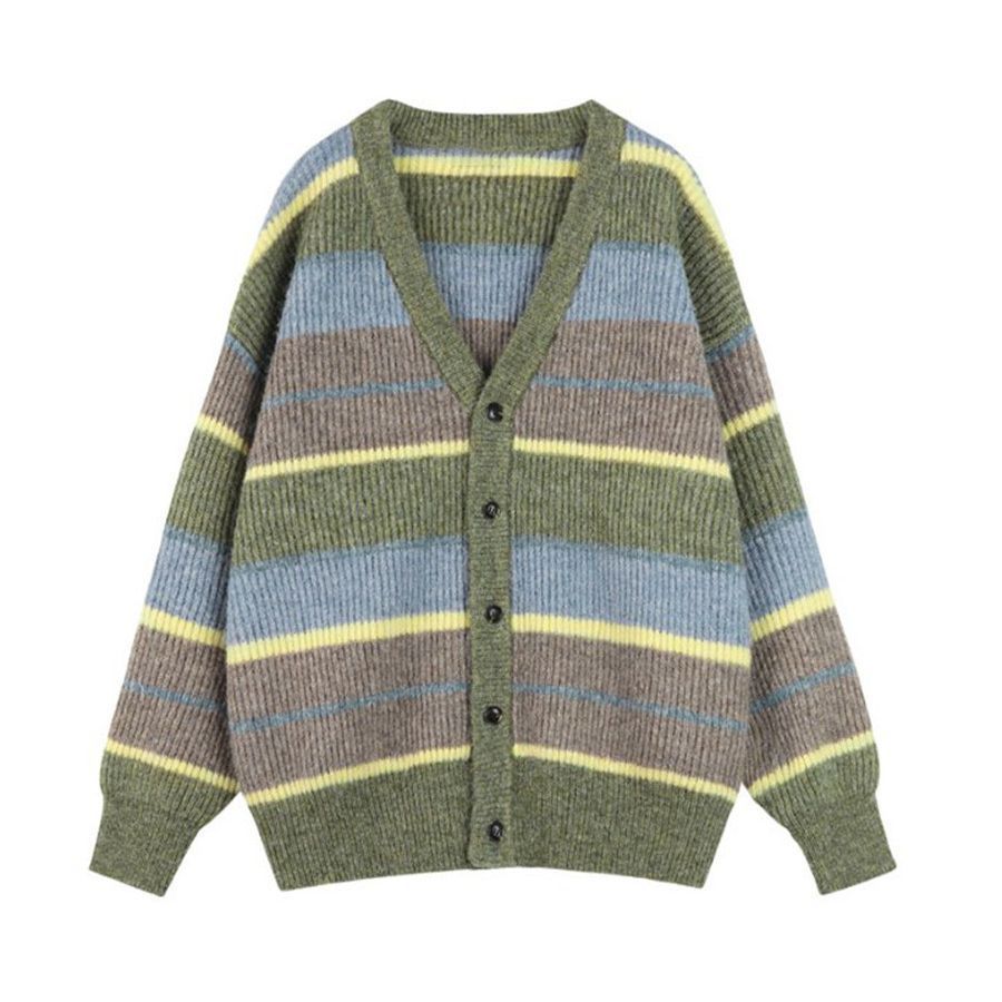 Col en v japonais paresseux Style rétro rayé pull manteau femmes