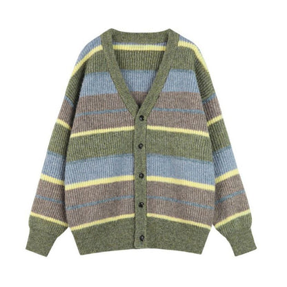 Col en v japonais paresseux Style rétro rayé pull manteau femmes