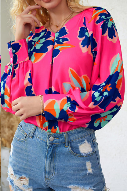 Black Flower Print Puff Sleeve Blouse