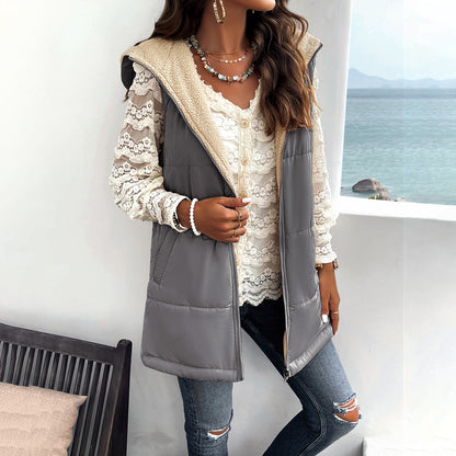 Gilet d'hiver pour femme, ample, mi-long, à capuche, en coton, avec poches, à la mode, chaud, fermeture éclair, manteau moelleux, vêtements d'extérieur