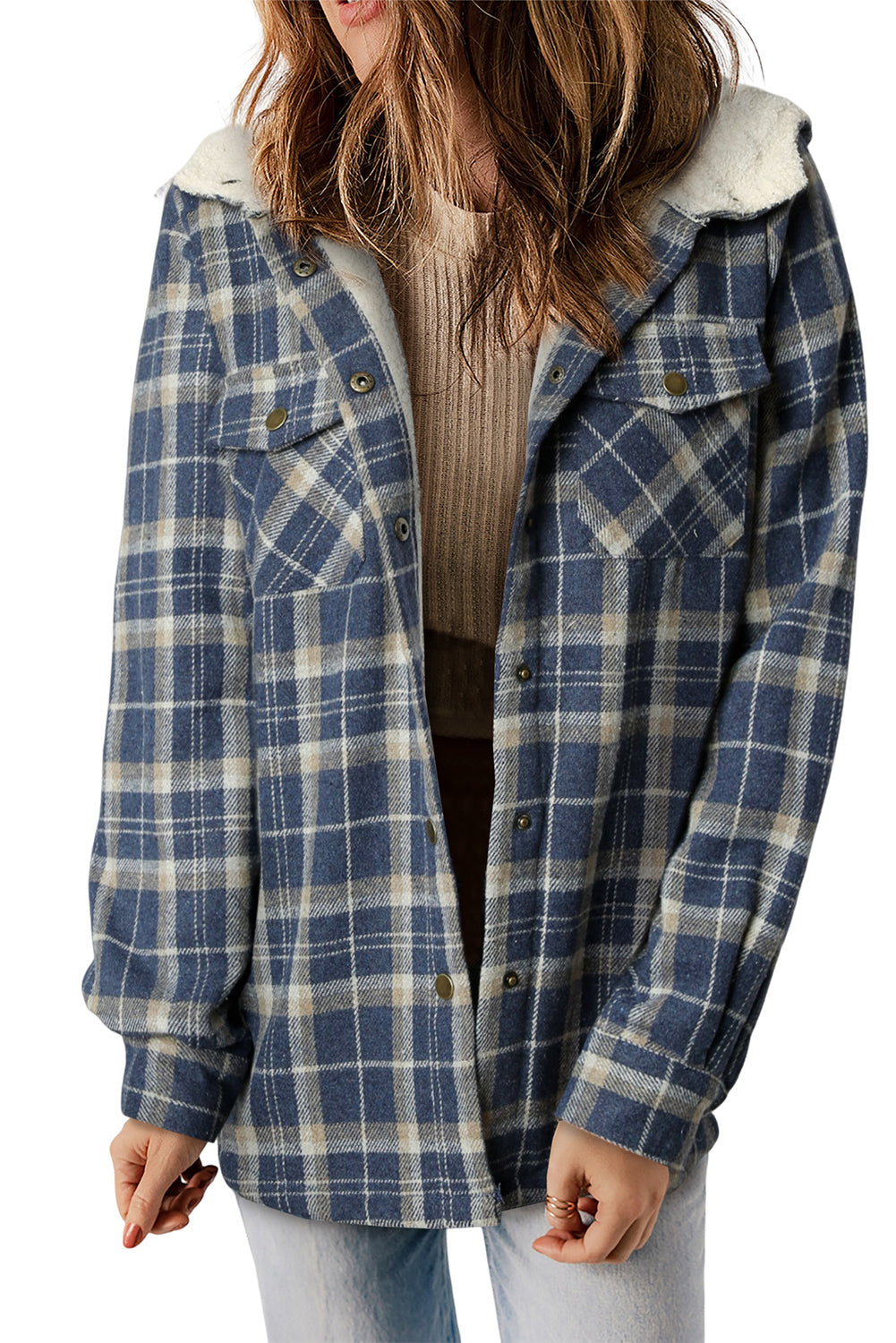 Plaid Pattern Sherpa Lined Hooded Shacket