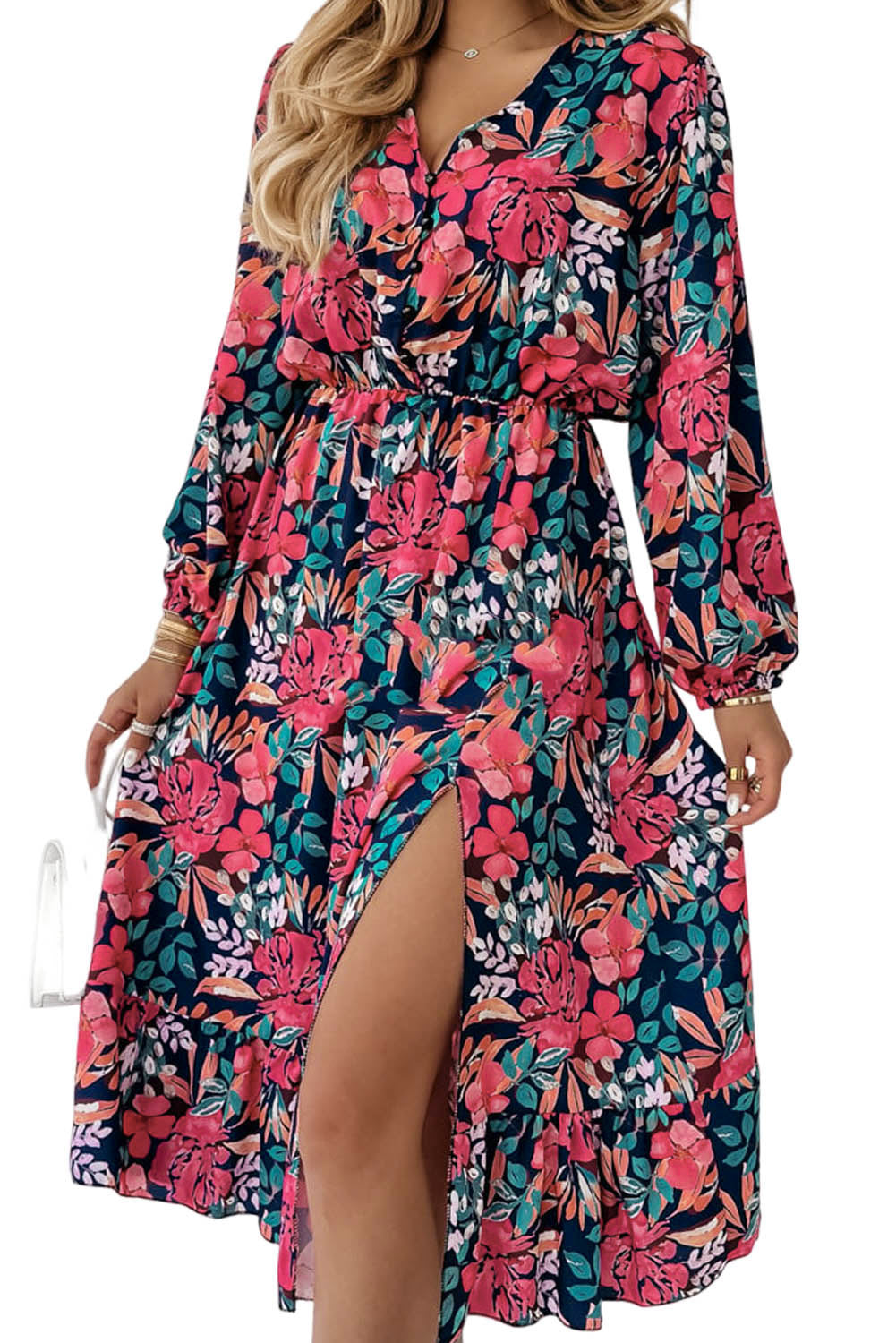 Fiery Red V Neck Elastic High Waist Split Floral Dress