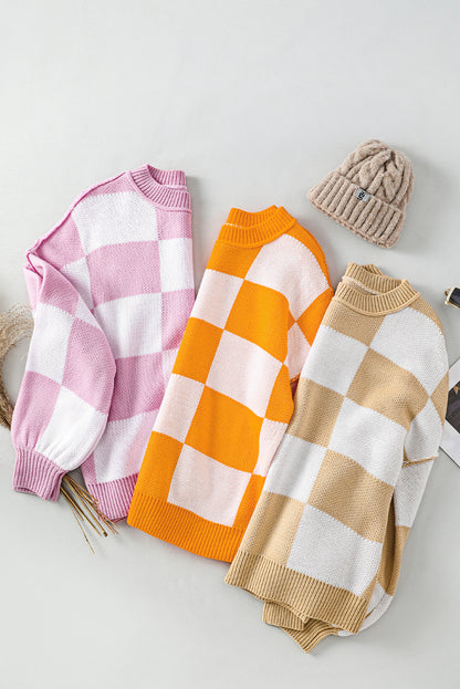 Orange Checkered Bishop Sleeve Sweater