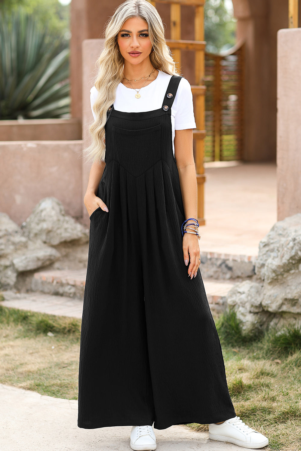 Black Buttoned Straps Crinkle Wide Leg Pocketed Overalls