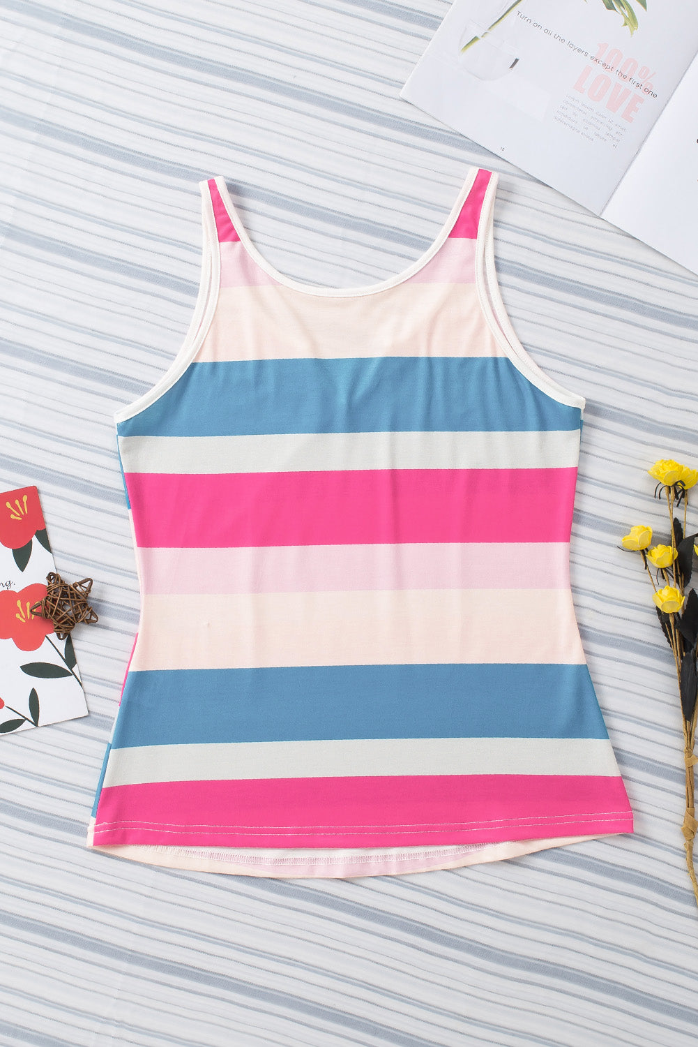 Multicolor Striped Color Block Notched Neck Tank Top