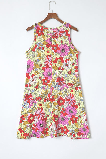 Fiery Red Round Neck Sleeveless Floral Mini Dress