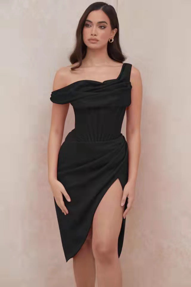 Women's Shoulder Stitching Irregular Slit Dress