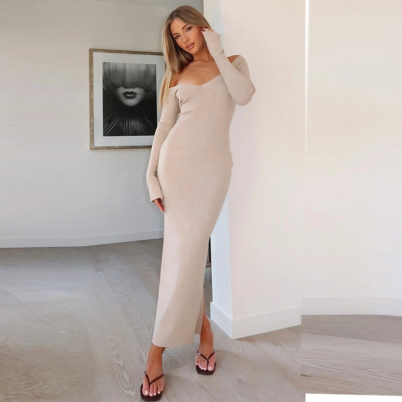 Women's Irregular Slant Shoulder Back Slit Long Dress