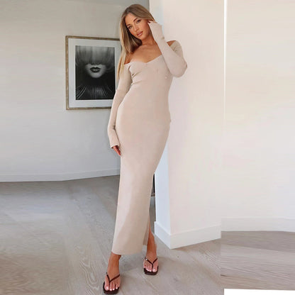 Women's Irregular Slant Shoulder Back Slit Long Dress