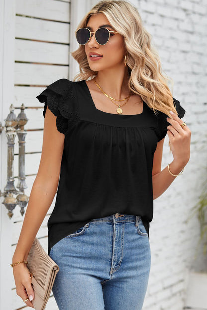 Black Eyelet Ruffle Sleeve Square Neck Blouse