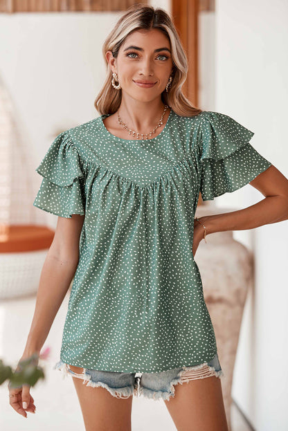 Laurel Green Spotted Print Pleated Ruffle Sleeve Blouse