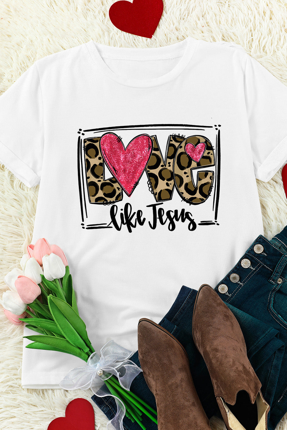 White LOVE Like Jesus Graphic Crew Neck Graphic Tee