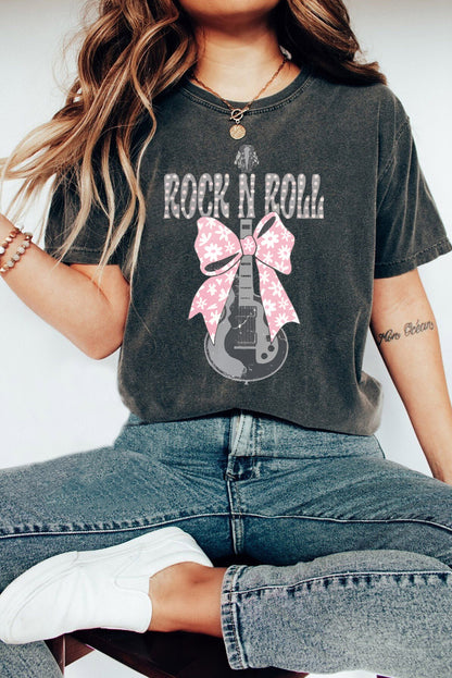 Camiseta negra con gráfico de guitarra Bowknot ROCK N ROLL