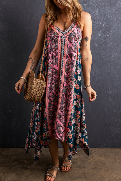 Pink Bohemian Floral Patchwork Print Maxi Sundress