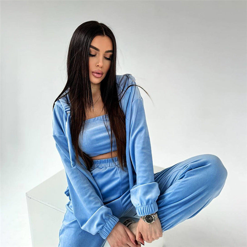 All-matching Solid Color Hooded High-waisted Trousers Suit