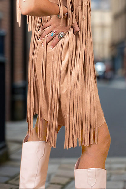 Full Size Fringe V-Neck Sleeveless Mini Dress