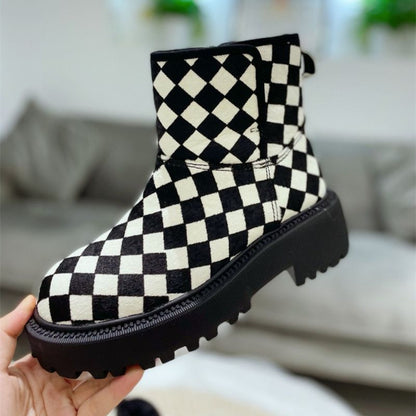 Women's Plaid Horsehair Round Head Simple And Comfortable Thick Flat-bottomed Fur Boots