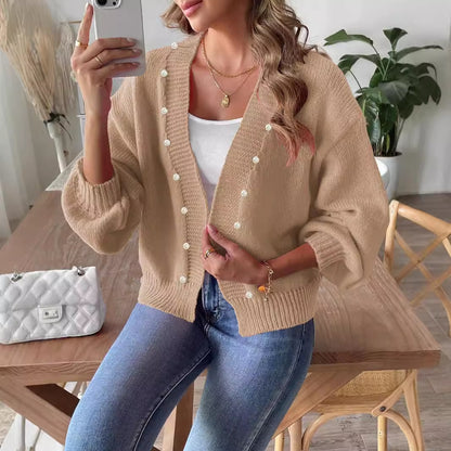 Women's Short Pearl Beaded Cardigan Loose Buckle-free Sweater Coat